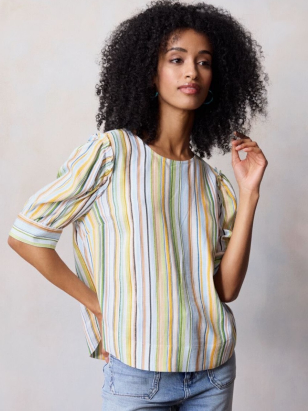 Lauren Conrad Linen Blend Puff Sleeve Stripe   Coastal Popover Blouse Size M NWT